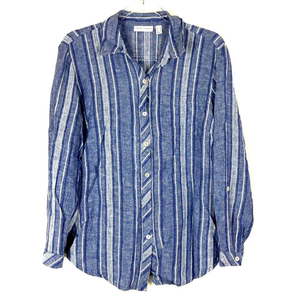 Susan Graver | Linen Blend Blue White Stripe Button Up Shirt Womens Small